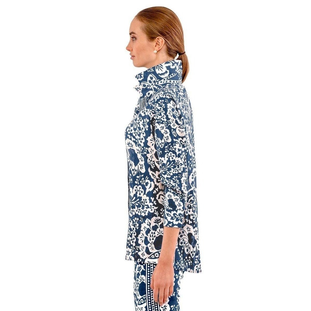 Gretchen Scott Button Down Shirt XL Blue White Floral Cotton Contrast Cuffs - Picture 1 of 11